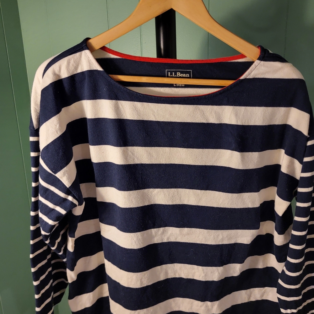 100% Cotton Striped 3/4 Sleeve, Preppy, L.L. Bean, Blue and White, Beachy